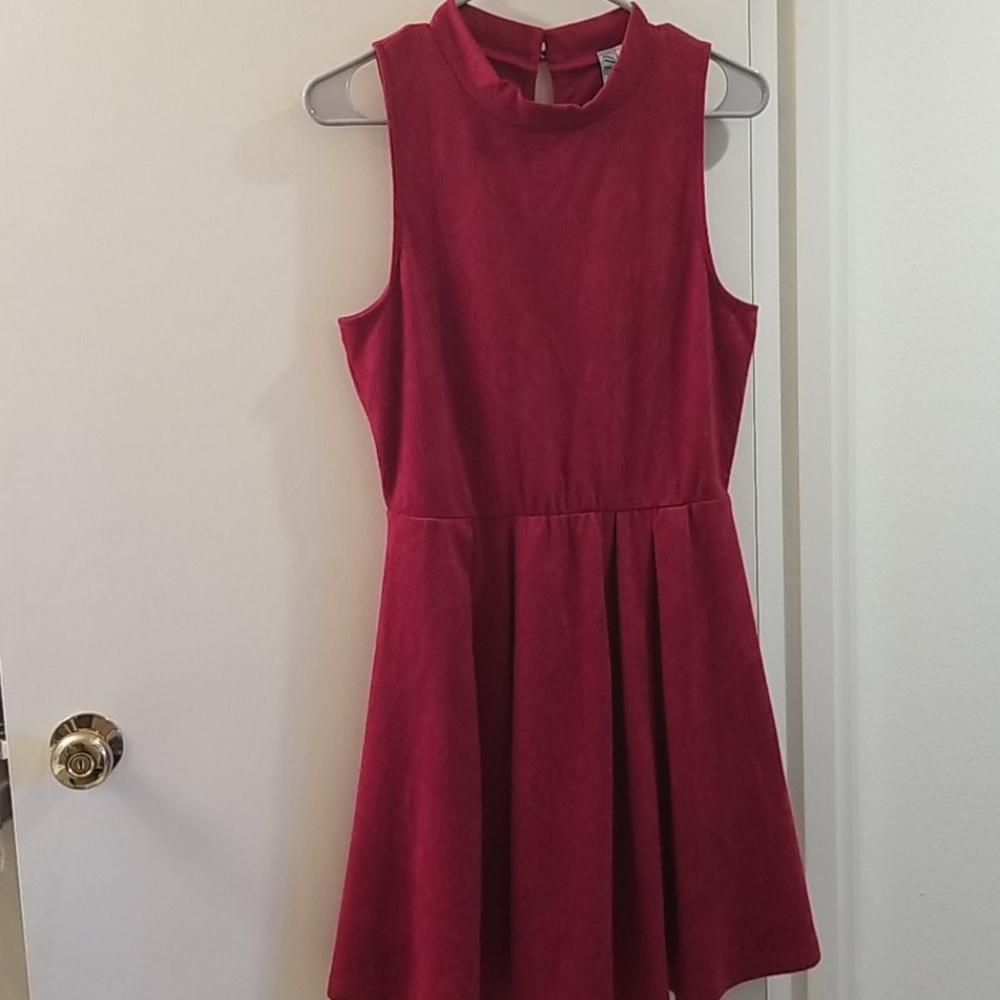Deep red dress with damask pattern